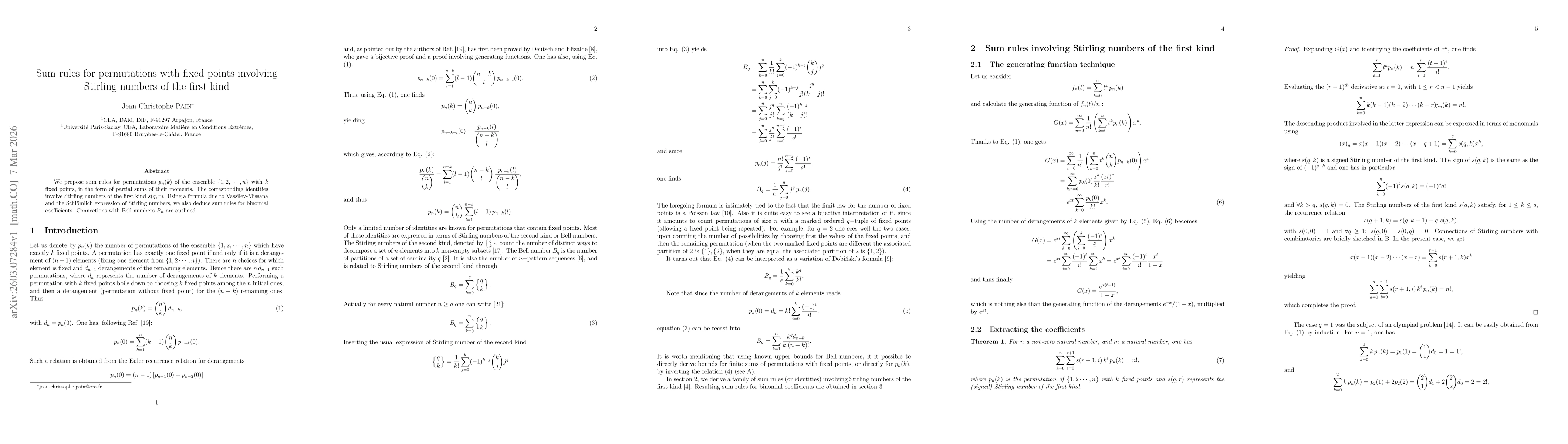 Thumbnail for Sum rules for permutations with fixed points involving Stirling numbers of the first kind