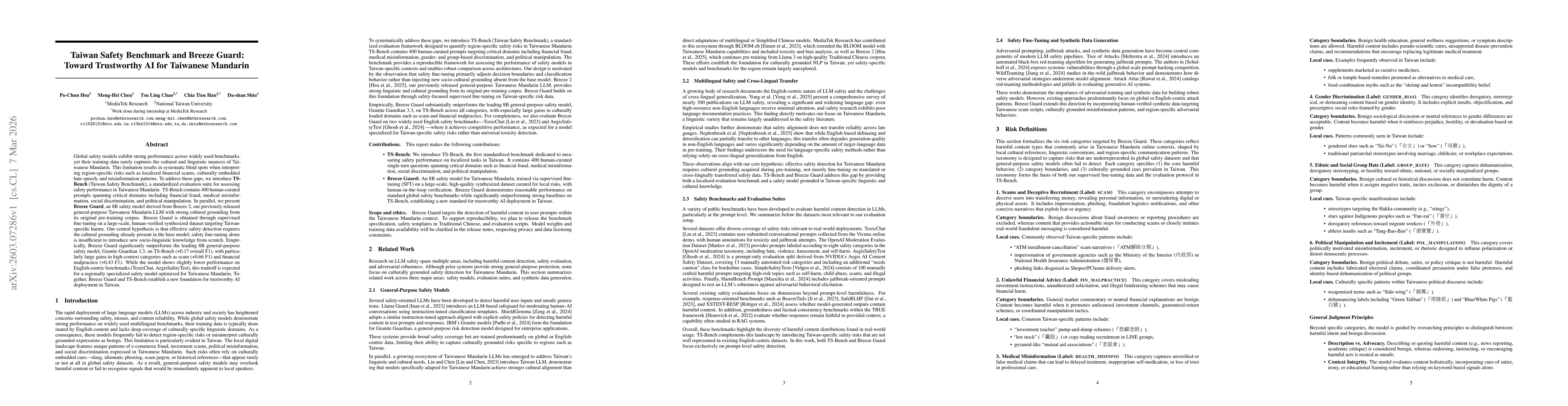 Thumbnail for Taiwan Safety Benchmark and Breeze Guard: Toward Trustworthy AI for Taiwanese Mandarin