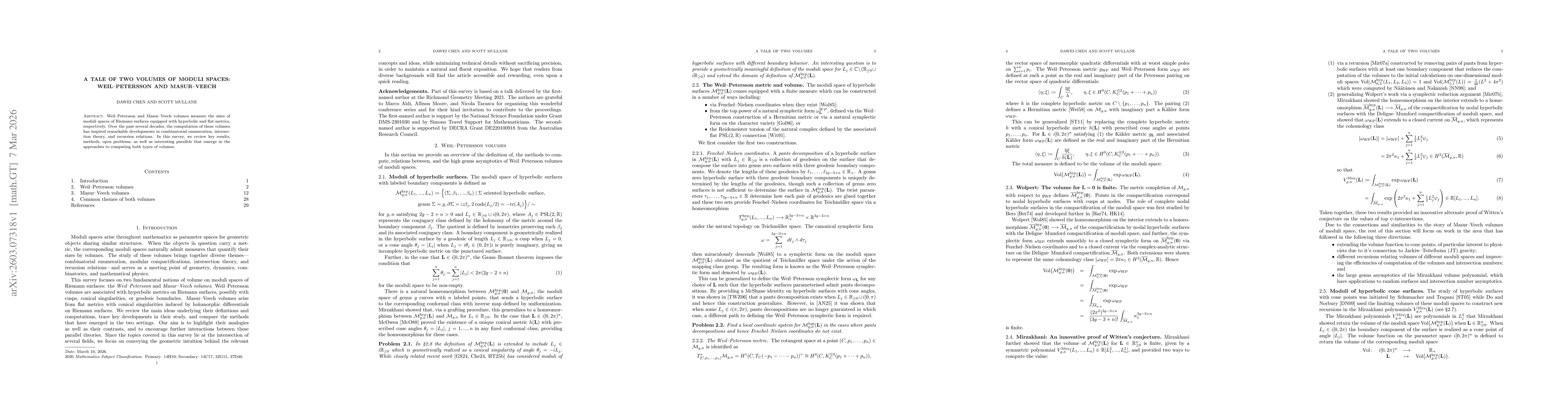 Thumbnail for A tale of two volumes of moduli spaces: Weil-Petersson and Masur-Veech