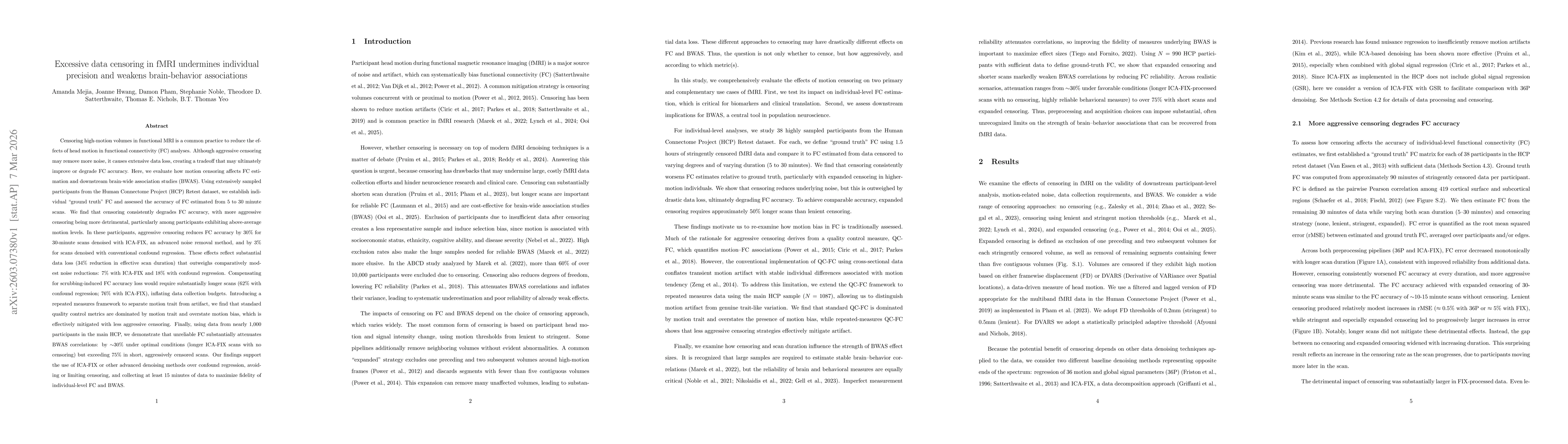 Thumbnail for Excessive data censoring in fMRI undermines individual precision and weakens brain-behavior associations