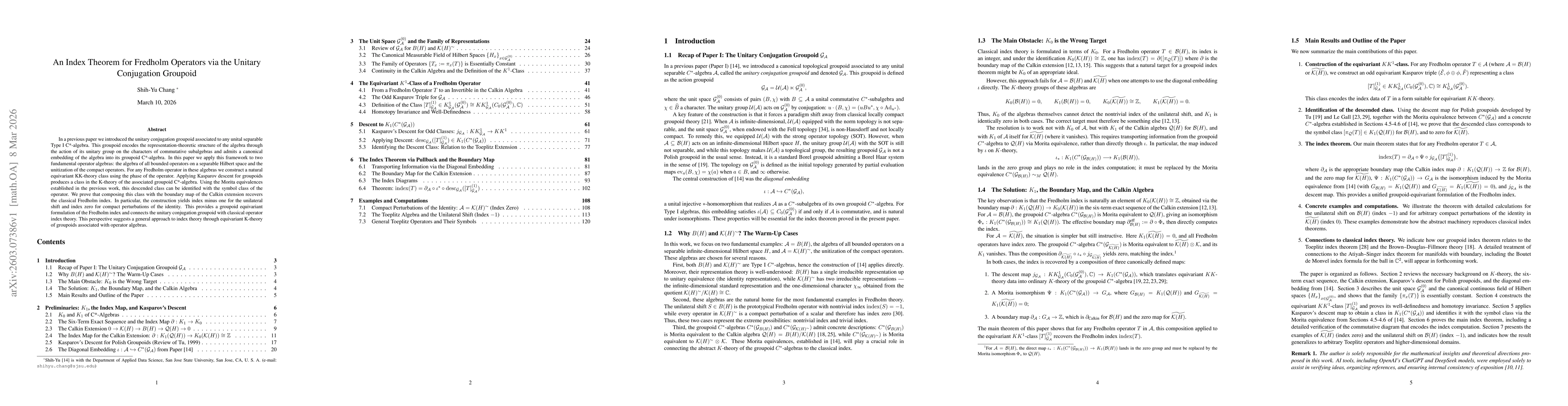 Thumbnail for An Index Theorem for Fredholm Operators via the Unitary Conjugation Groupoid