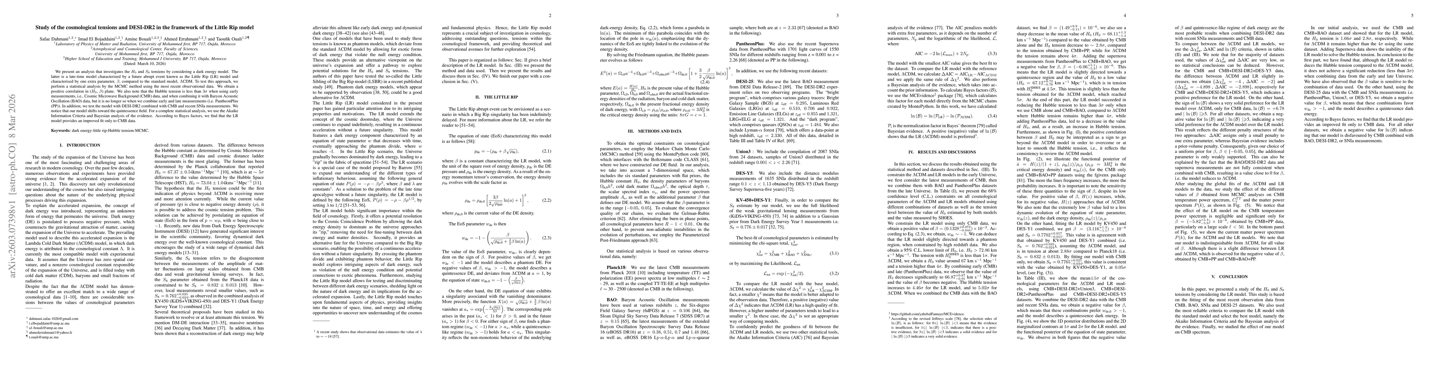 Thumbnail for Study of the cosmological tensions and DESI-DR2 in the framework of the Little Rip model