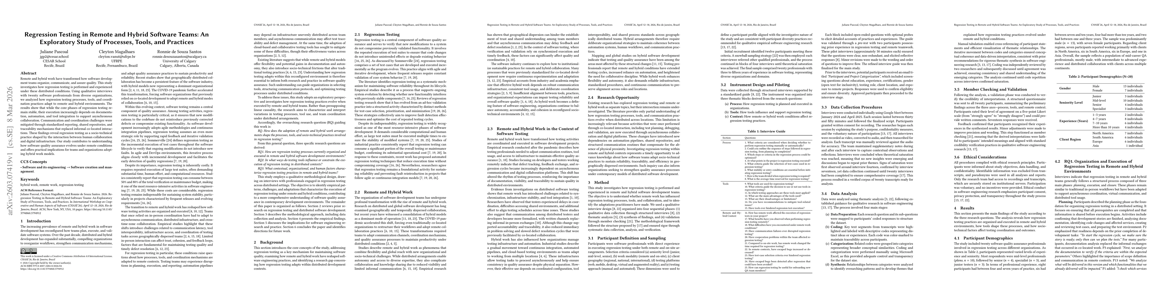 Thumbnail for Regression Testing in Remote and Hybrid Software Teams: An Exploratory Study of Processes, Tools, and Practices