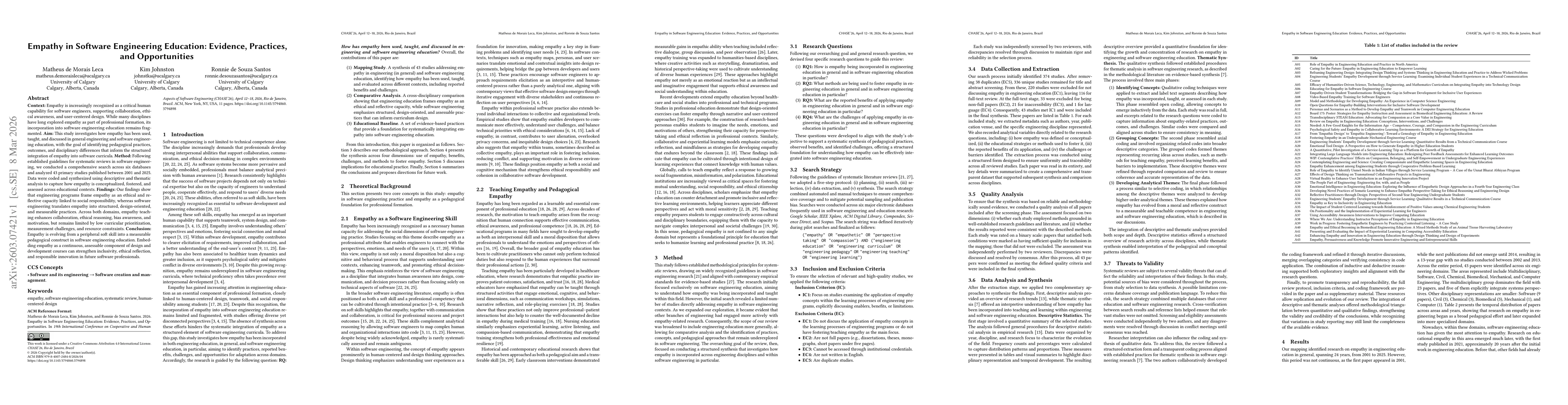 Thumbnail for Empathy in Software Engineering Education: Evidence, Practices, and Opportunities