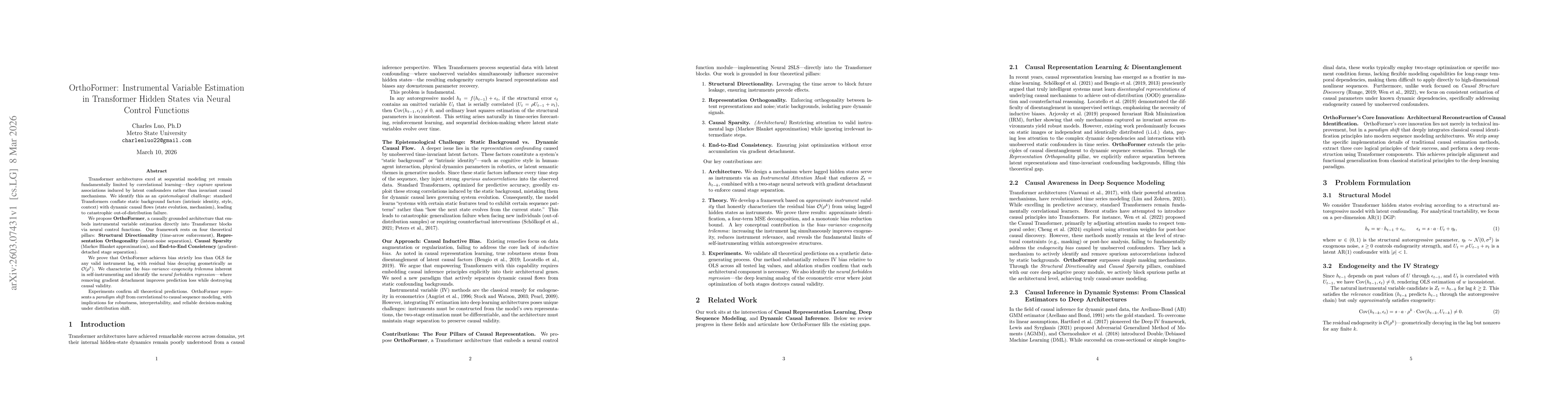 Thumbnail for OrthoFormer: Instrumental Variable Estimation in Transformer Hidden States via Neural Control Functions