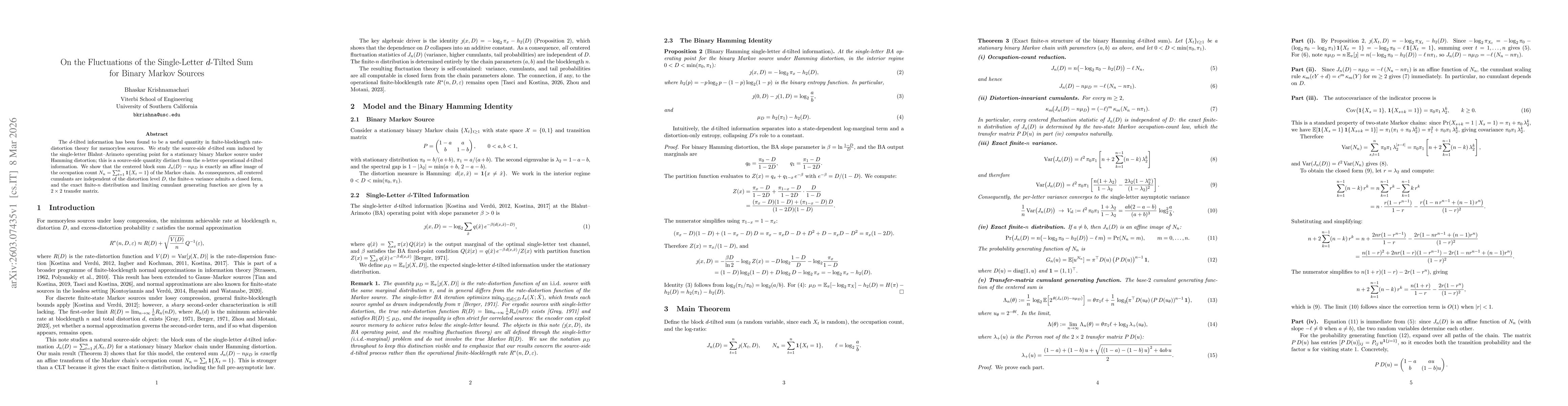 Thumbnail for On the Fluctuations of the Single-Letter $d$-Tilted Sum for Binary Markov Sources