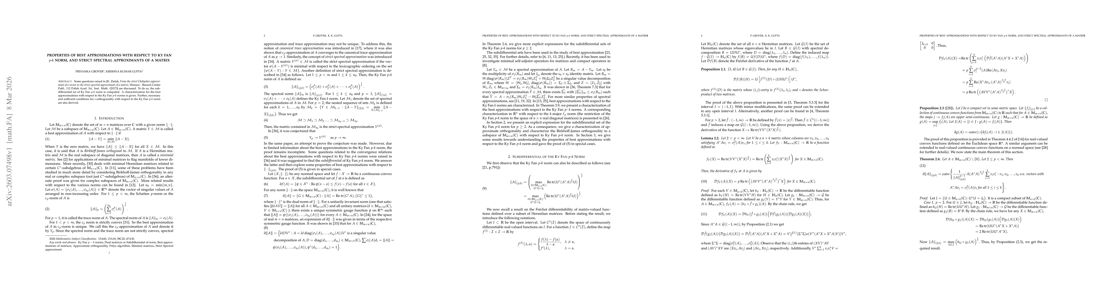 Thumbnail for Properties of best approximations with respect to Ky Fan $p$-$k$ norm, and strict spectral approximants of a matrix
