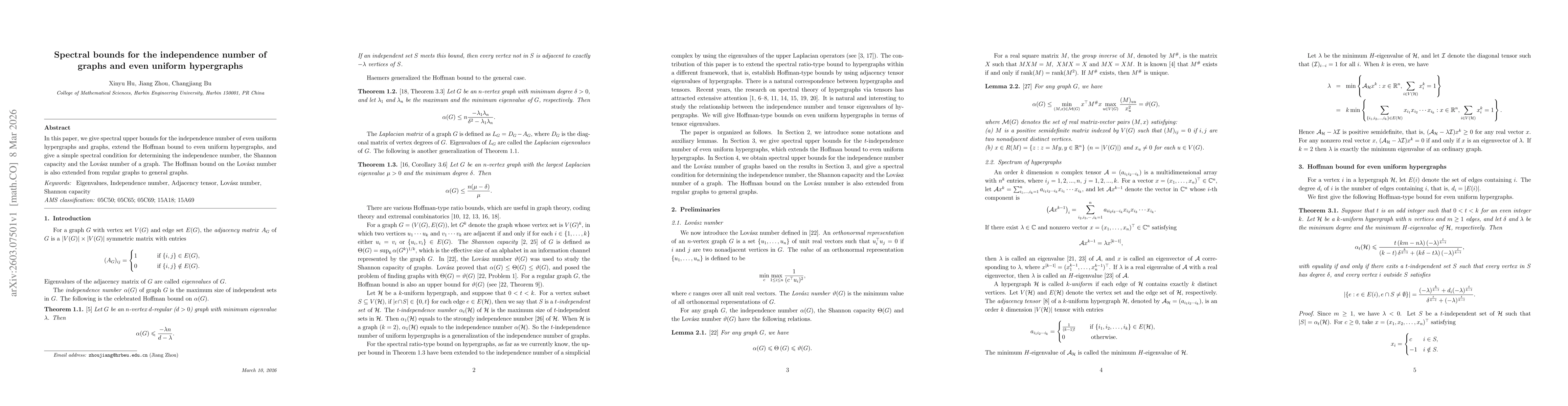 Thumbnail for Spectral bounds for the independence number of graphs and even uniform hypergraphs