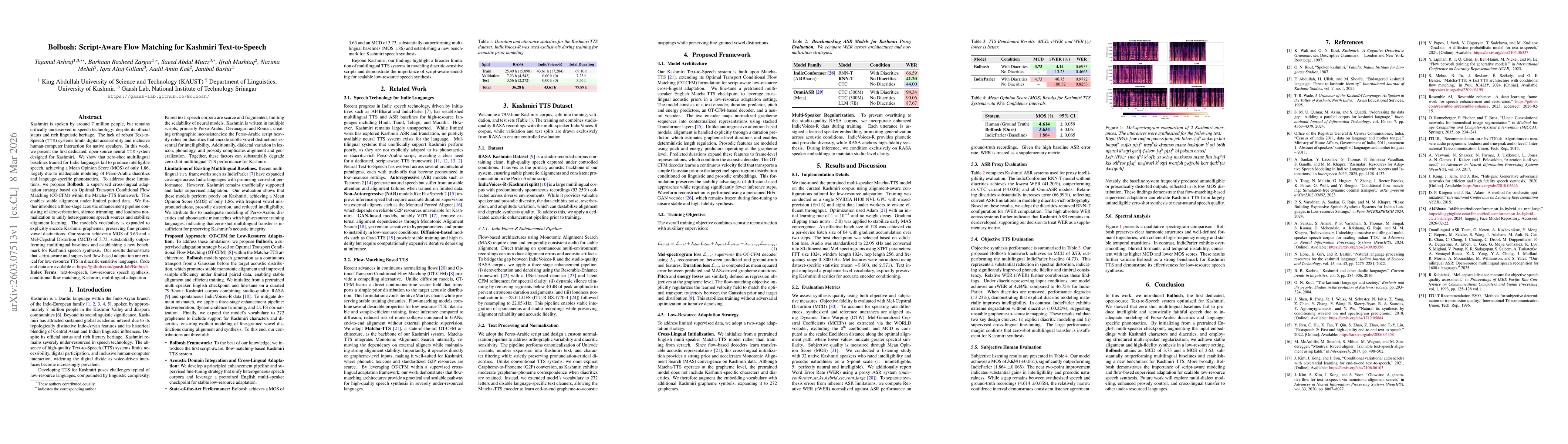 Thumbnail for Bolbosh: Script-Aware Flow Matching for Kashmiri Text-to-Speech