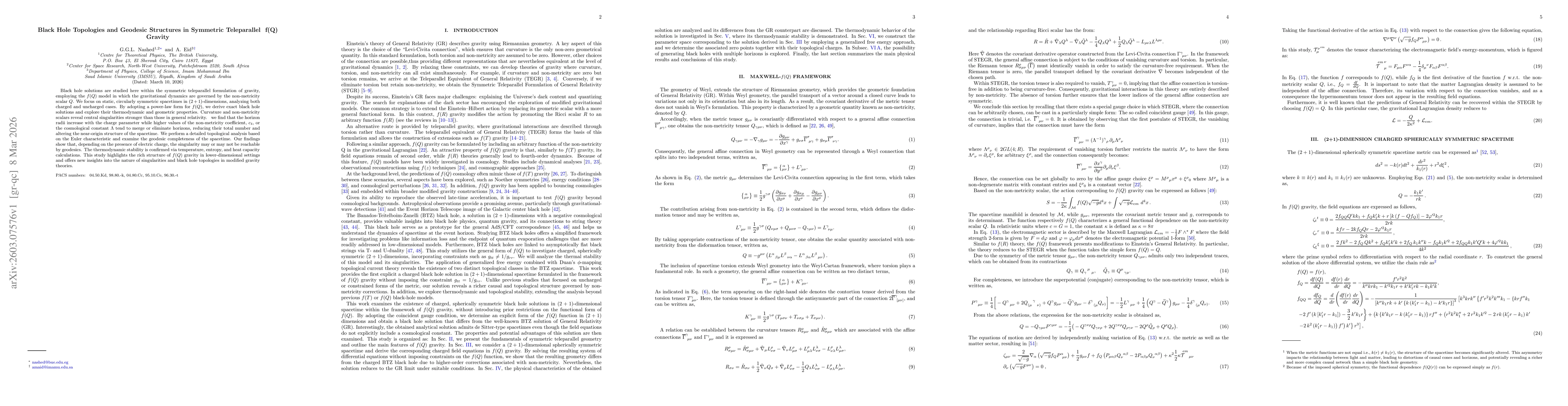 Thumbnail for Black Hole Topologies and Geodesic Structures in Symmetric Teleparallel f(Q) Gravity