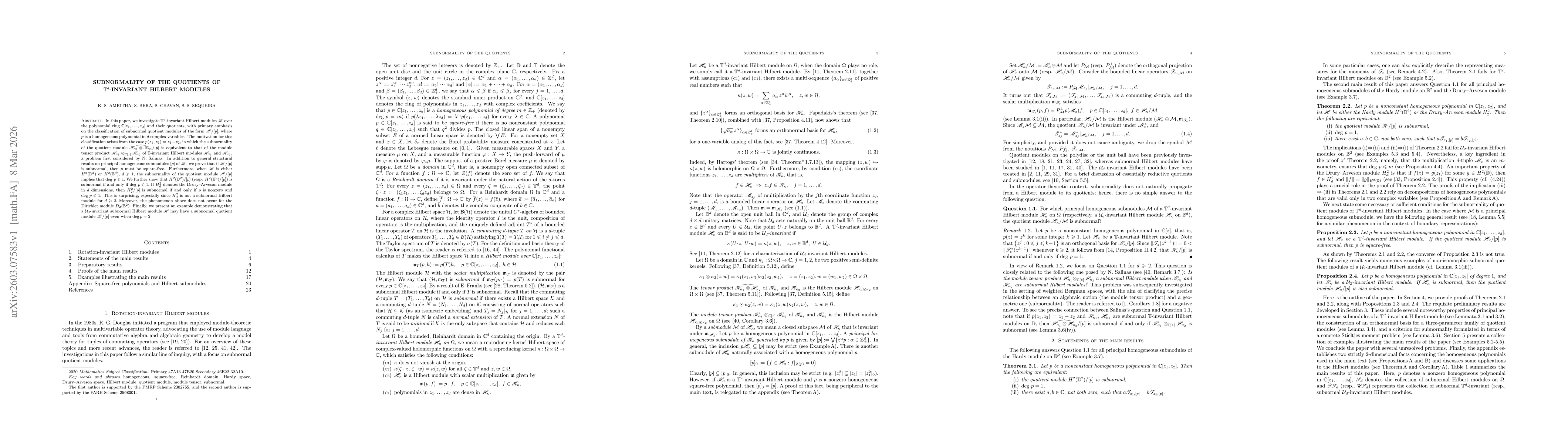 Thumbnail for Subnormality of the quotients of $\mathbb T^d$-invariant Hilbert modules