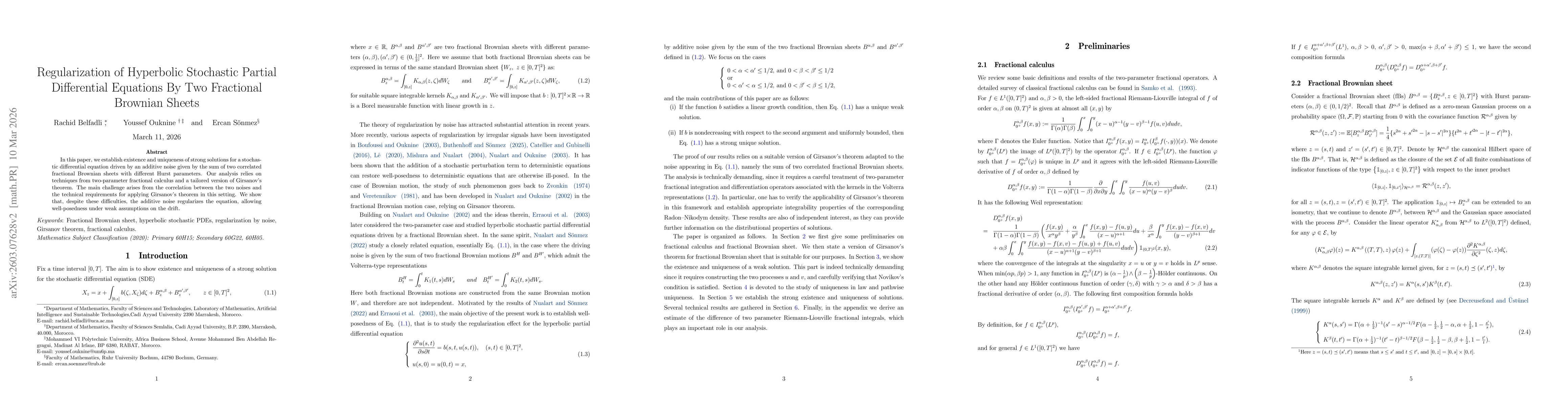 Thumbnail for Regularization of Hyperbolic Stochastic Partial Differential Equations By Two Fractional Brownian Sheets