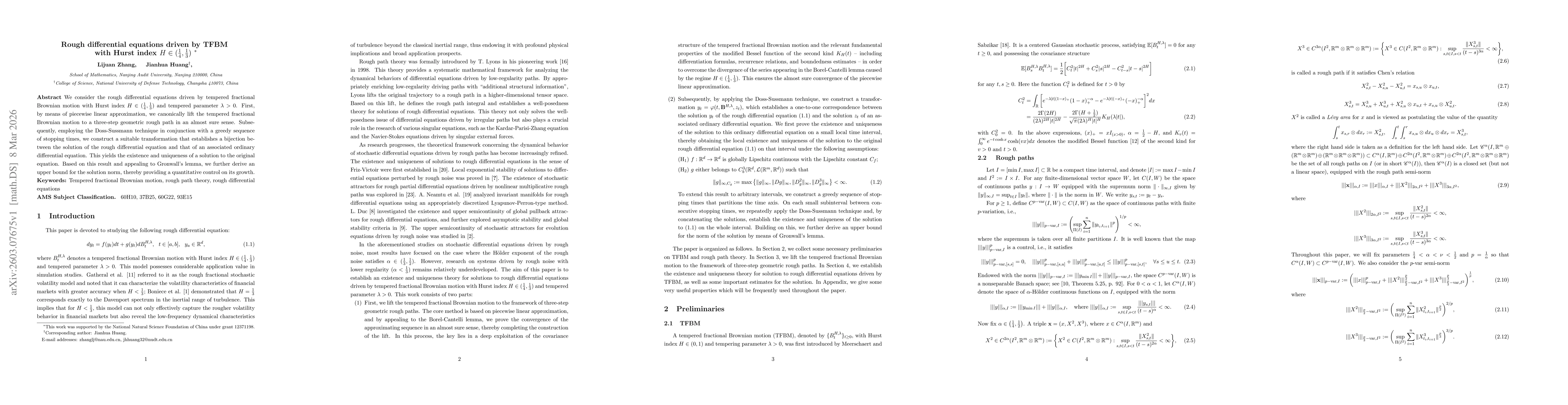 Thumbnail for Rough differential equations driven by TFBM with Hurst index $H\in (\frac{1}{4}, \frac{1}{3})$