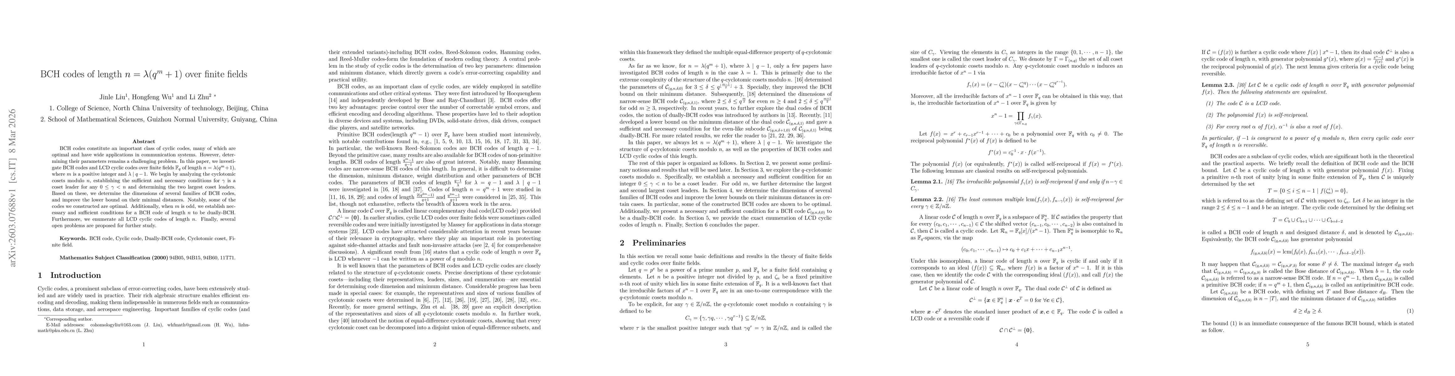 Thumbnail for BCH codes of length $n=λ(q^m+1)$ over finite fields