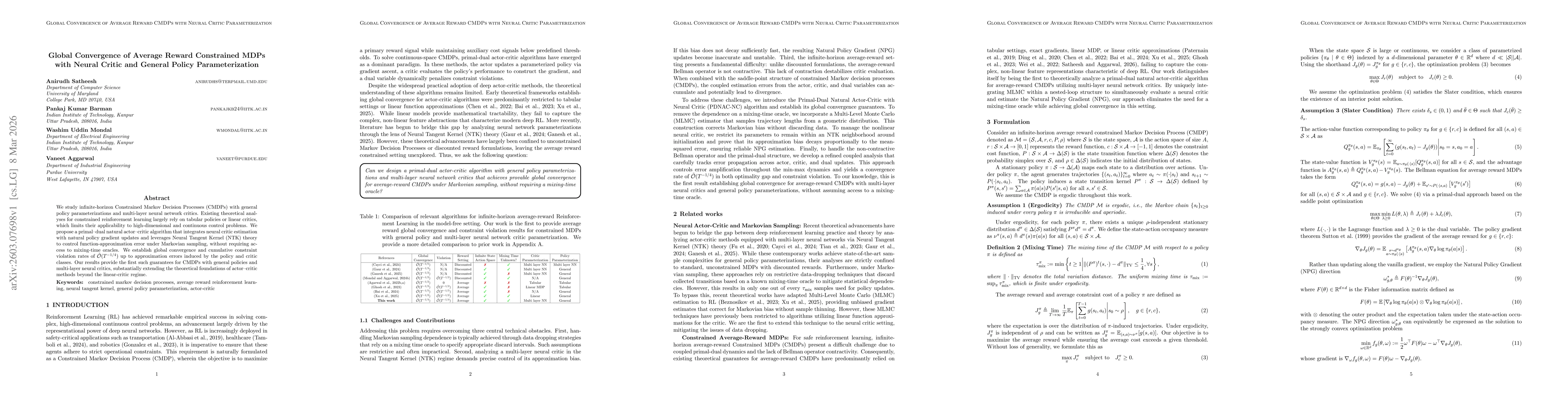 Thumbnail for Global Convergence of Average Reward Constrained MDPs with Neural Critic and General Policy Parameterization