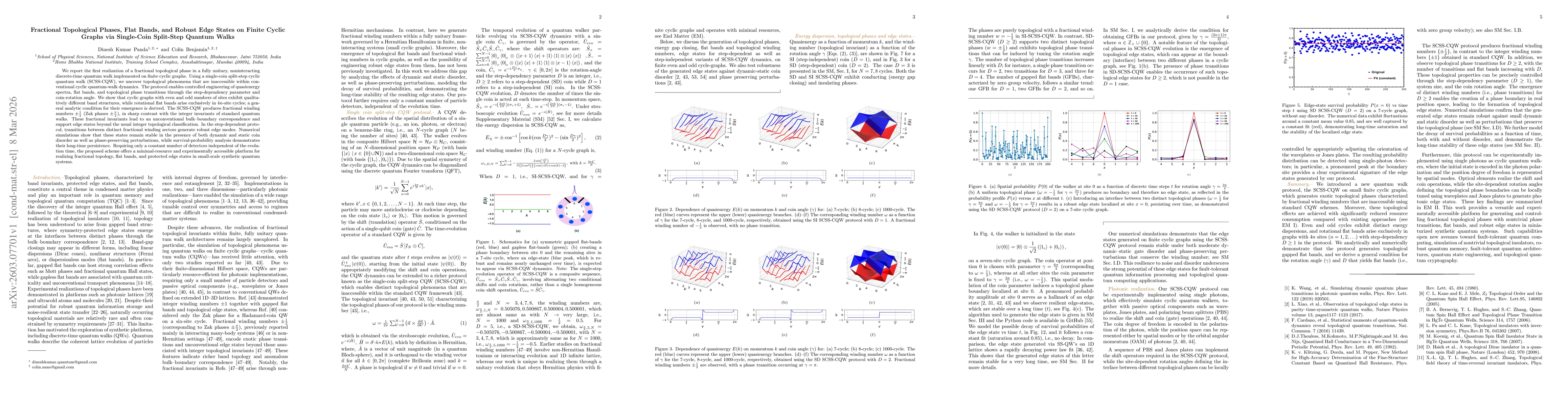 Thumbnail for Fractional Topological Phases, Flat Bands, and Robust Edge States on Finite Cyclic Graphs via Single-Coin Split-Step Quantum Walks