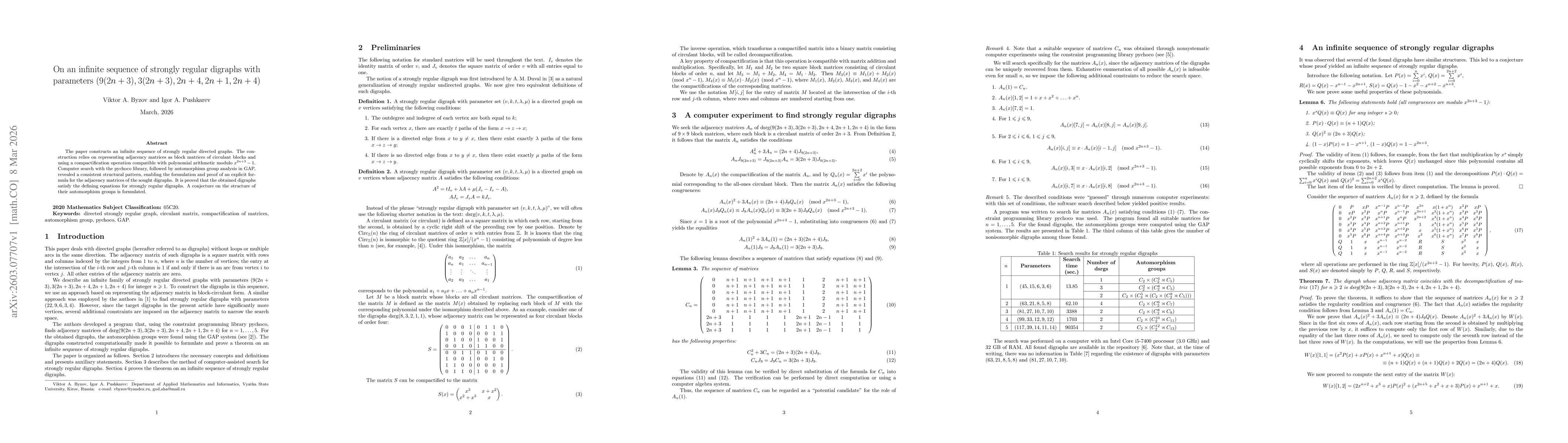 Thumbnail for On an infinite sequence of strongly regular digraphs with parameters $(9(2n+3), 3(2n+3), 2n+4, 2n+1, 2n+4)$