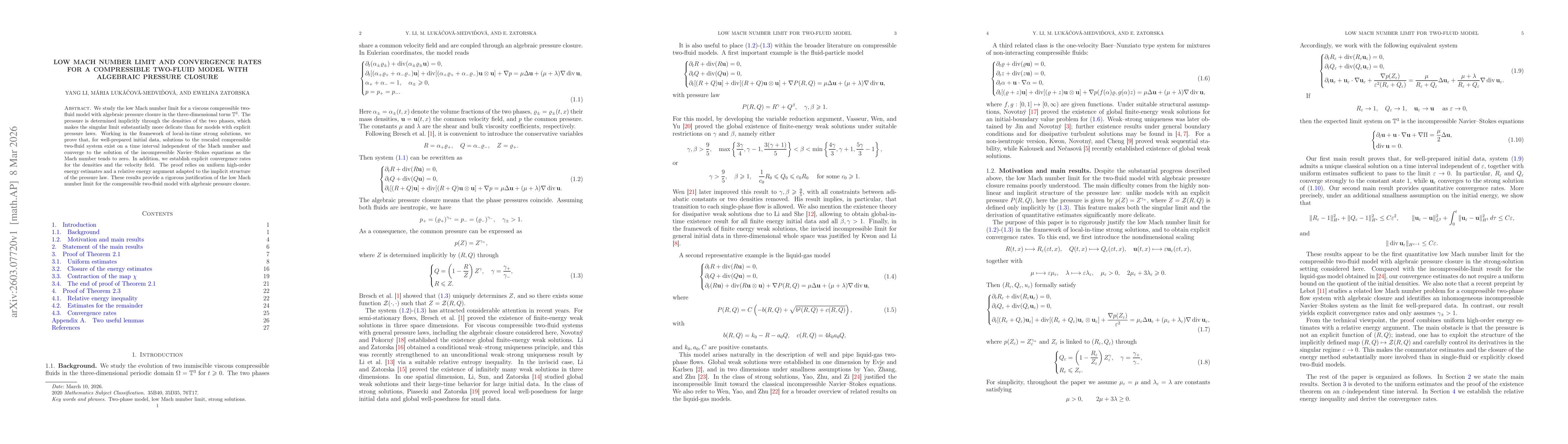 Thumbnail for Low Mach Number Limit and Convergence Rates for a Compressible Two-Fluid Model with Algebraic Pressure Closure
