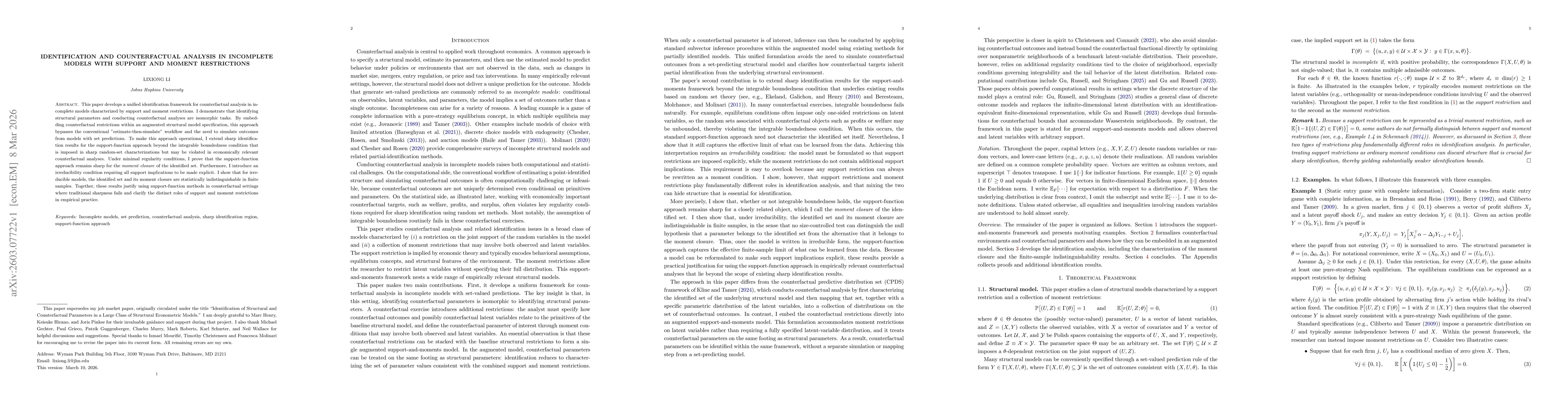 Thumbnail for Identification and Counterfactual Analysis in Incomplete Models with Support and Moment Restrictions