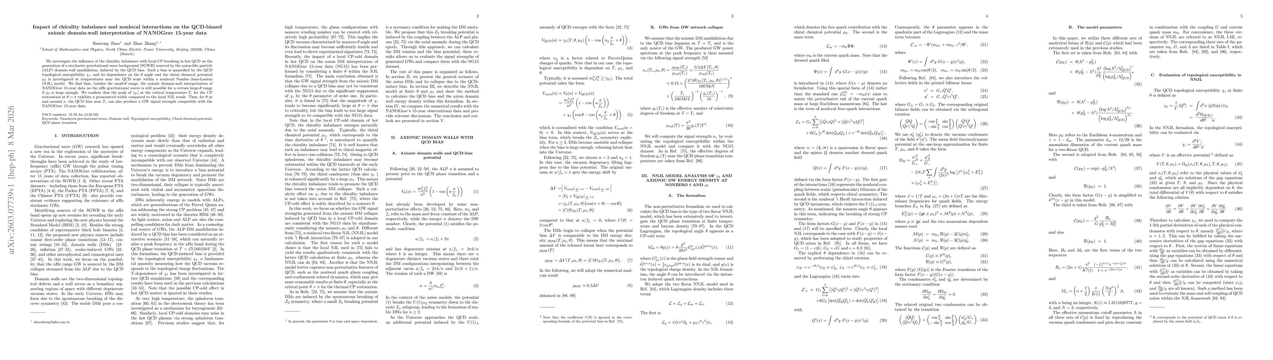 Thumbnail for Impact of chirality imbalance and nonlocal interactions on the QCD biased axionic domainwall interpretation of NANOGrav 15 year data