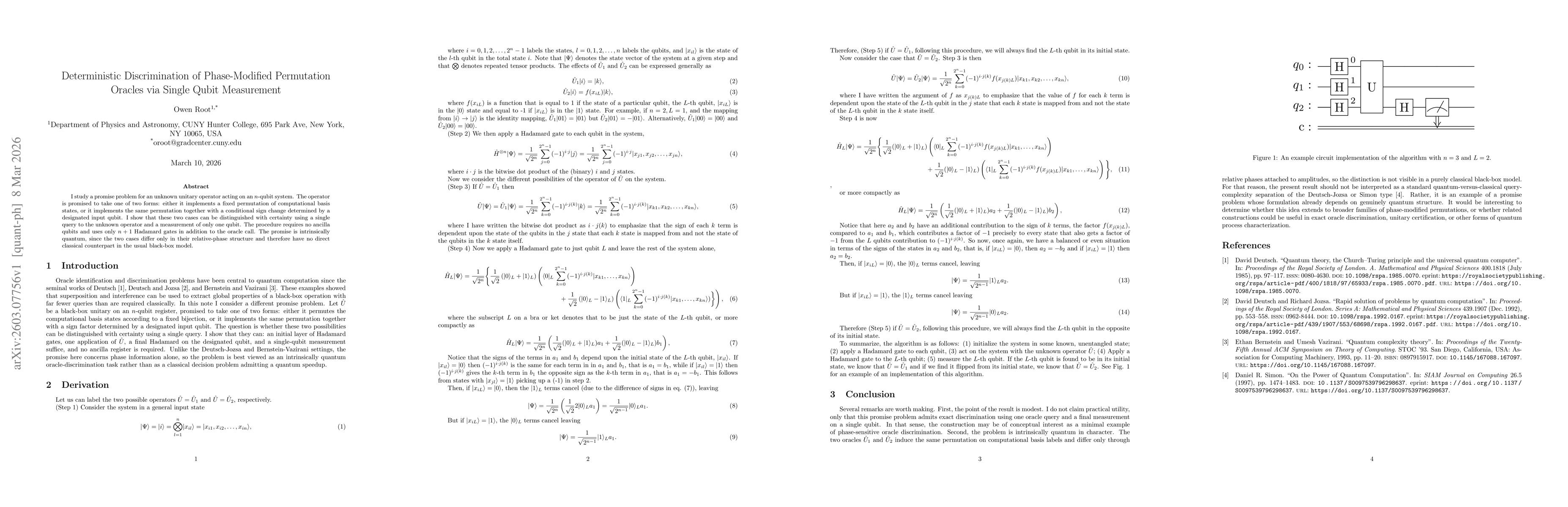 Thumbnail for Deterministic Discrimination of Phase-Modified Permutation Oracles via Single Qubit Measurement