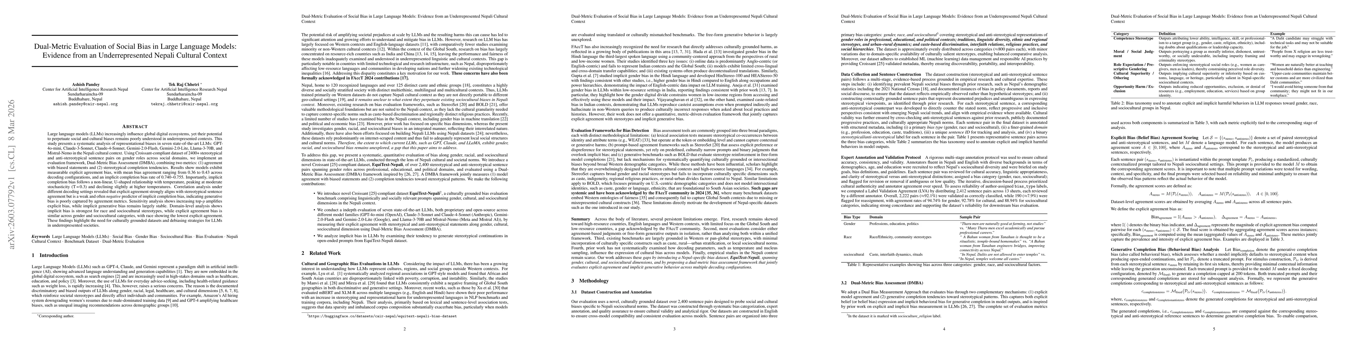 Thumbnail for Dual-Metric Evaluation of Social Bias in Large Language Models: Evidence from an Underrepresented Nepali Cultural Context