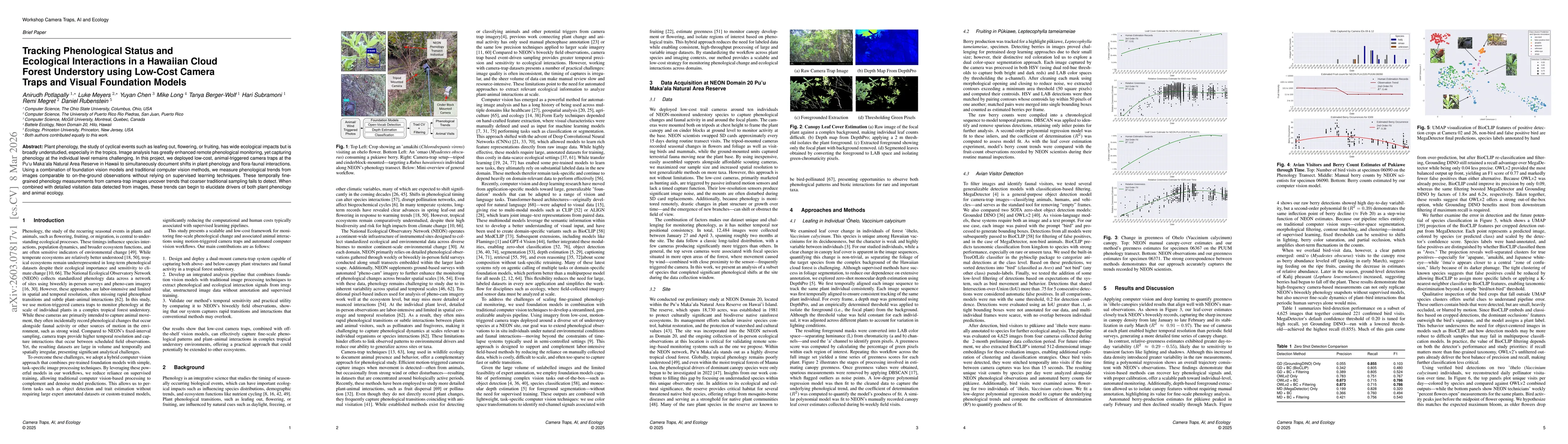 Thumbnail for Tracking Phenological Status and Ecological Interactions in a Hawaiian Cloud Forest Understory using Low-Cost Camera Traps and Visual Foundation Models