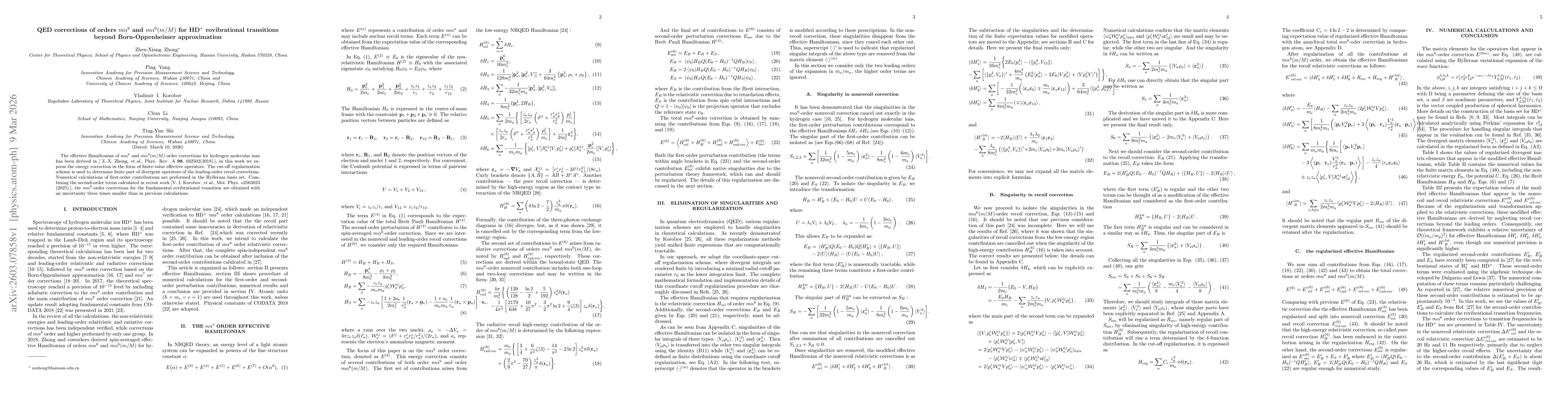 Thumbnail for QED corrections of orders $mα^6$ and $mα^6(m/M)$ for HD$^+$ rovibrational transitions beyond Born-Oppenheimer approximation