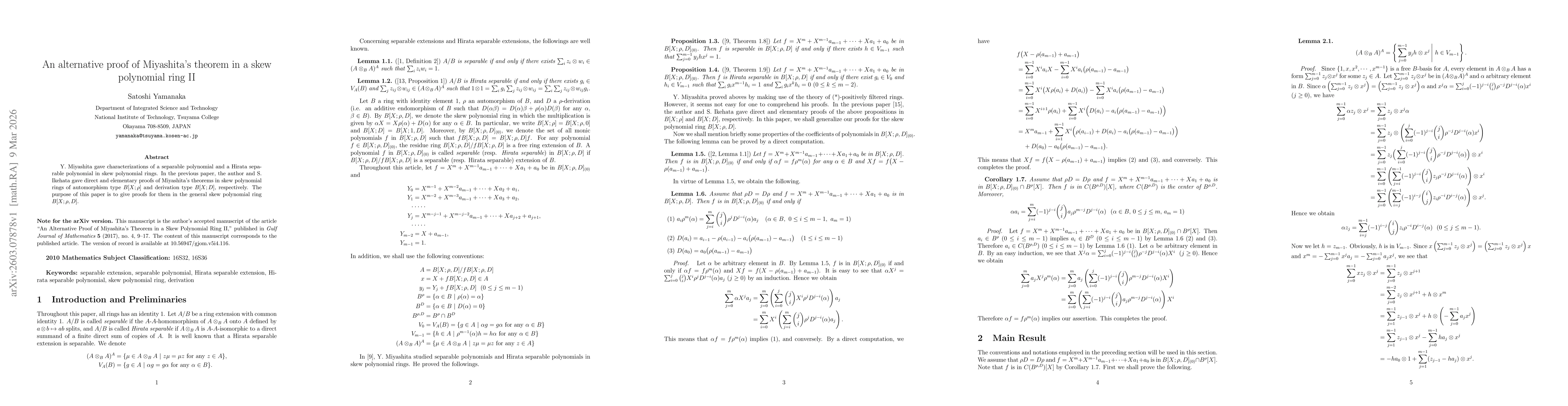 Thumbnail for An alternative proof of Miyashita's theorem in a skew polynomial ring II