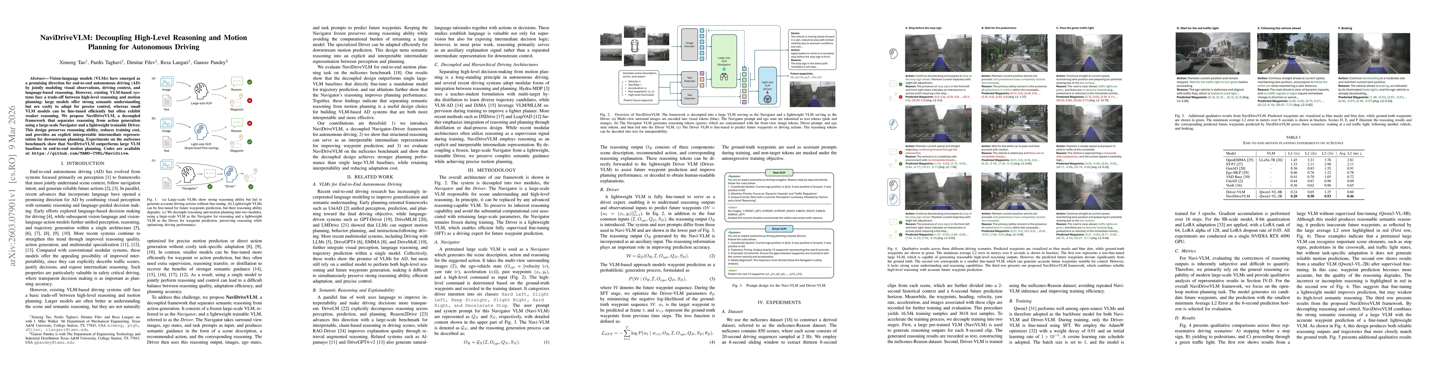 Thumbnail for NaviDriveVLM: Decoupling High-Level Reasoning and Motion Planning for Autonomous Driving