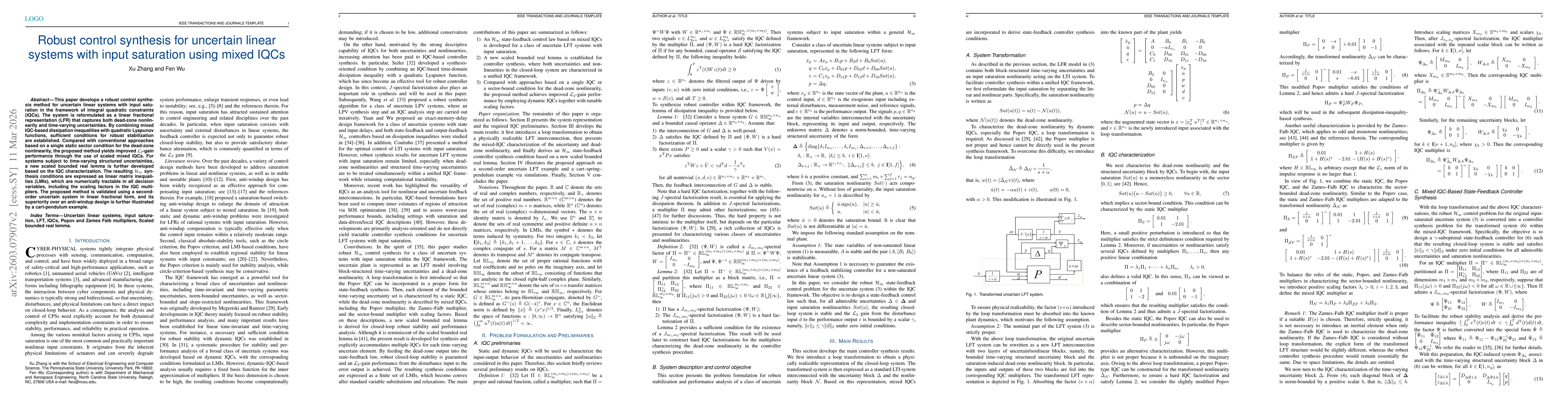 Thumbnail for Robust control synthesis for uncertain linear systems with input saturation using mixed IQCs