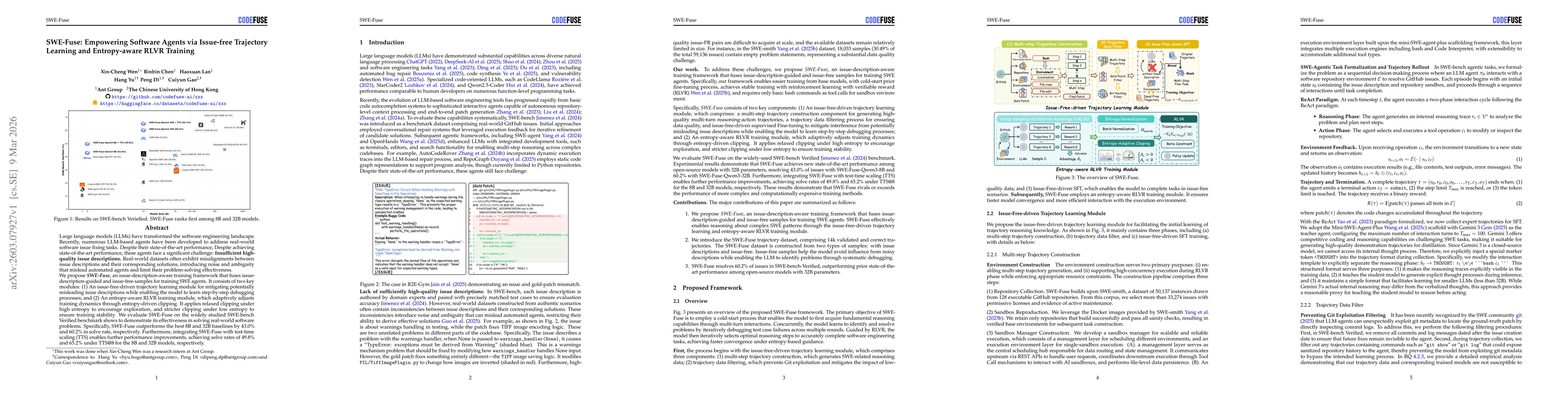 Thumbnail for SWE-Fuse: Empowering Software Agents via Issue-free Trajectory Learning and Entropy-aware RLVR Training