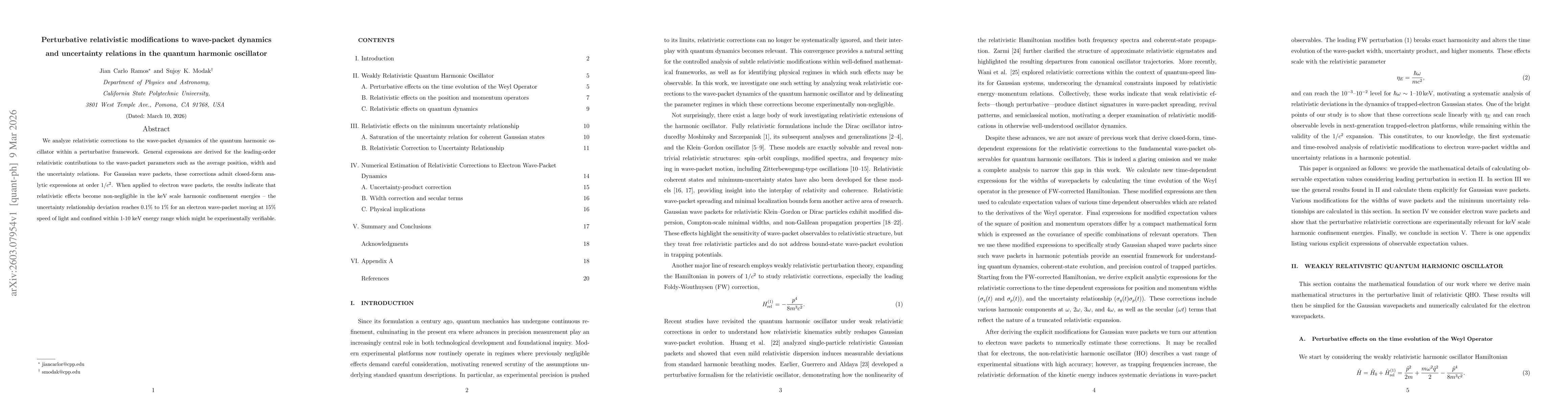 Thumbnail for Perturbative relativistic modifications to wave-packet dynamics and uncertainty relations in the quantum harmonic oscillator