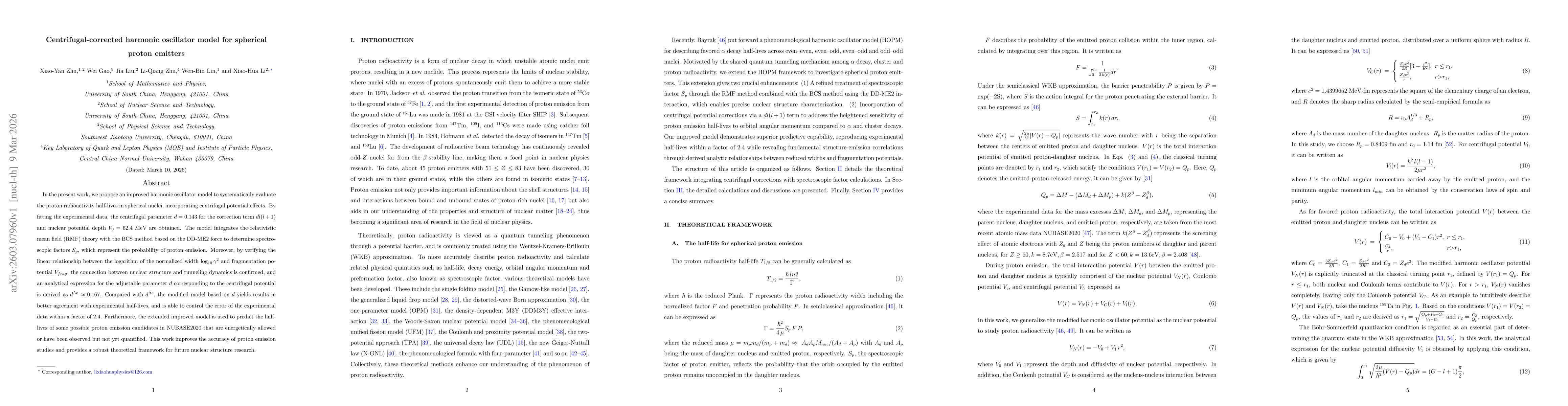 Thumbnail for Centrifugal-corrected harmonic oscillator model for spherical proton emitters