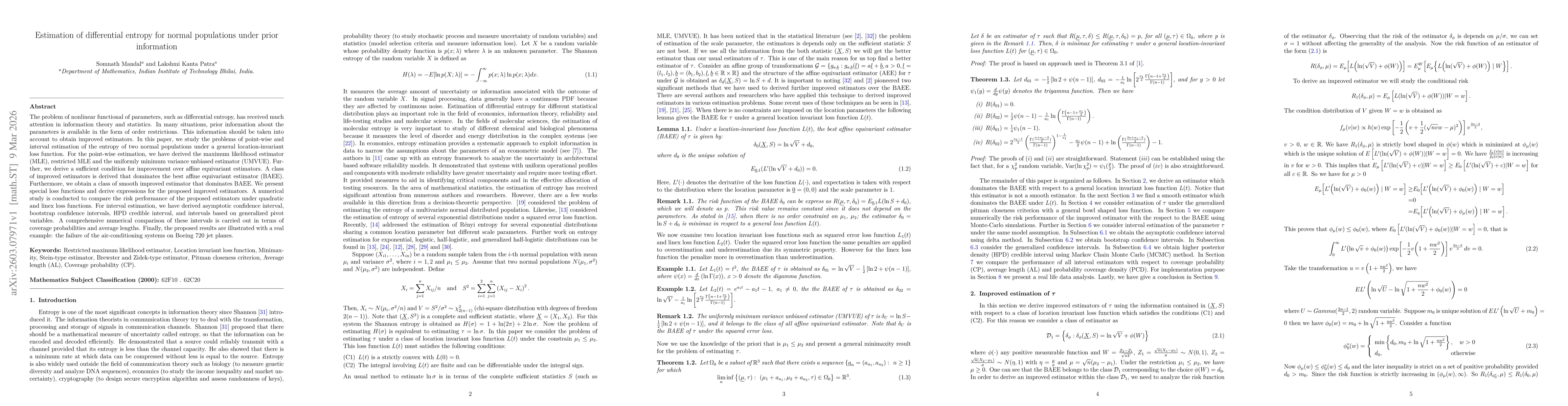 Thumbnail for Estimation of differential entropy for normal populations under prior information