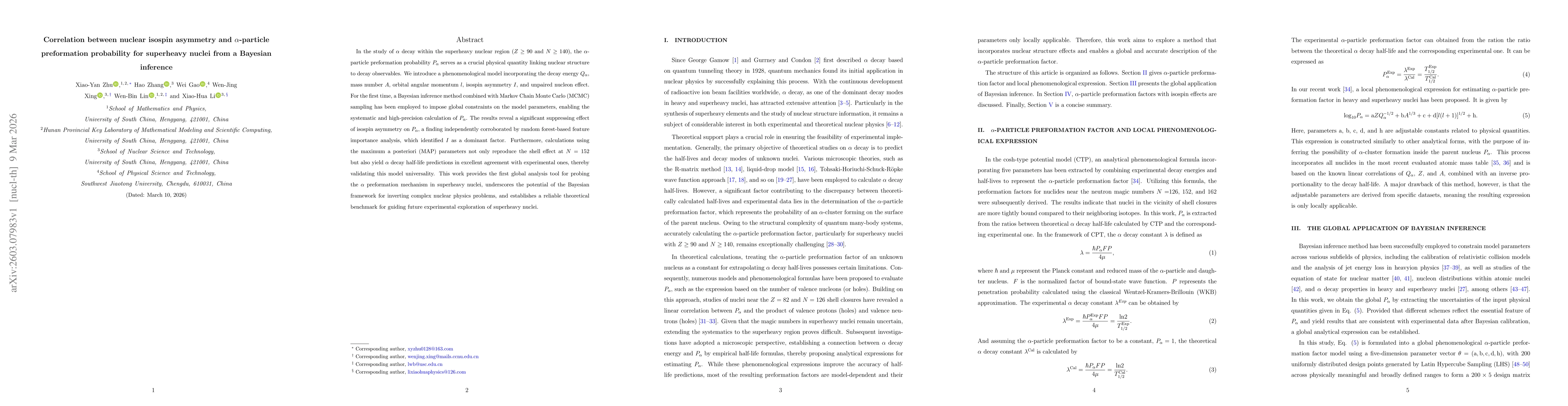 Thumbnail for Correlation between nuclear isospin asymmetry and $α$-particle preformation probability for superheavy nuclei from a Bayesian inference