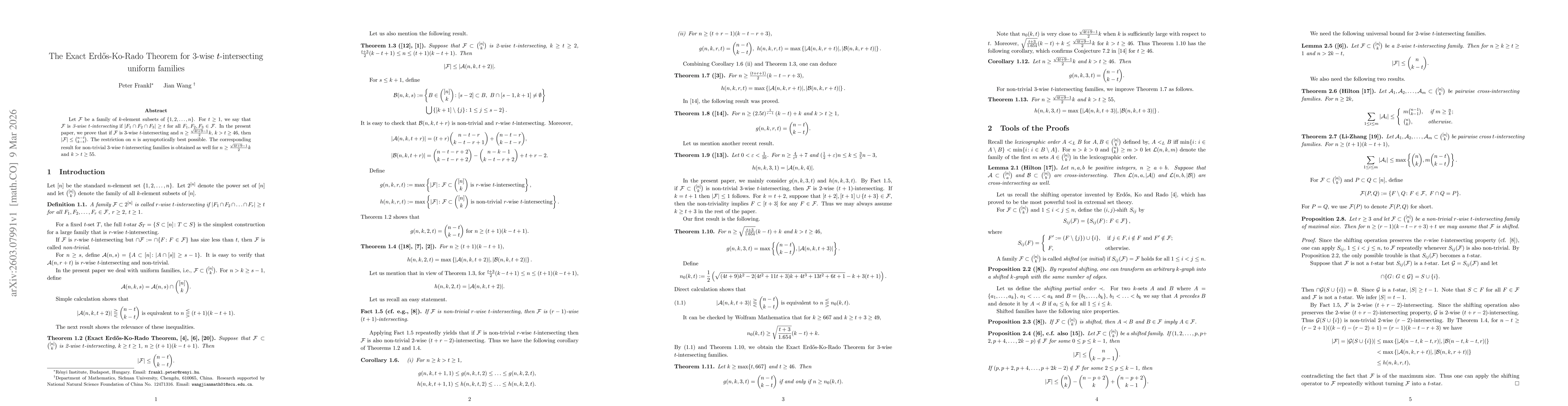 Thumbnail for The Exact Erdős-Ko-Rado Theorem for 3-wise $t$-intersecting uniform families
