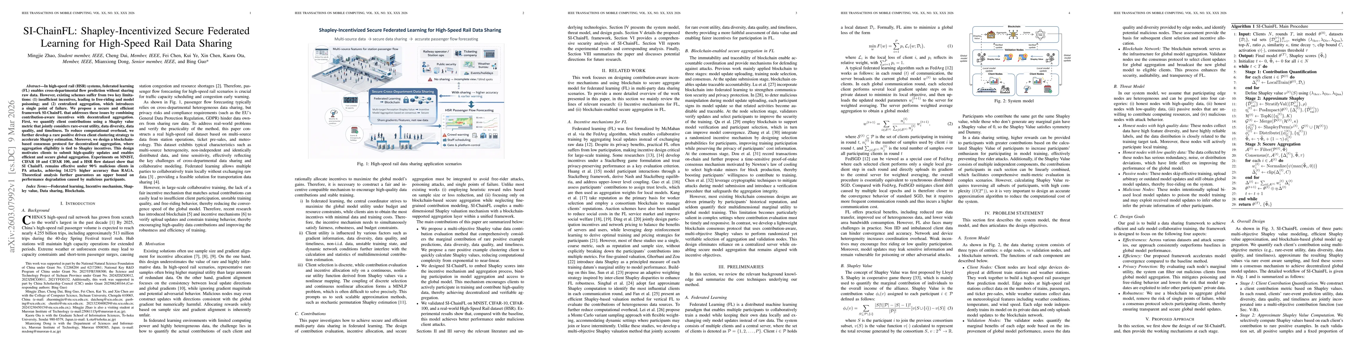 Thumbnail for SI-ChainFL: Shapley-Incentivized Secure Federated Learning for High-Speed Rail Data Sharing