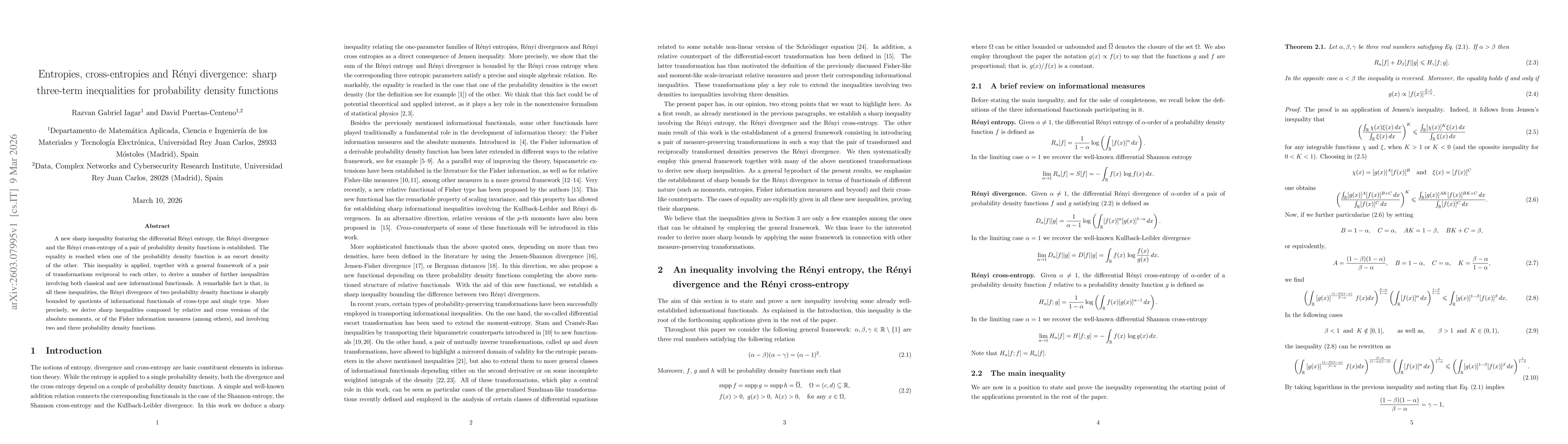 Thumbnail for Entropies, cross-entropies and Rényi divergence: sharp three-term inequalities for probability density functions