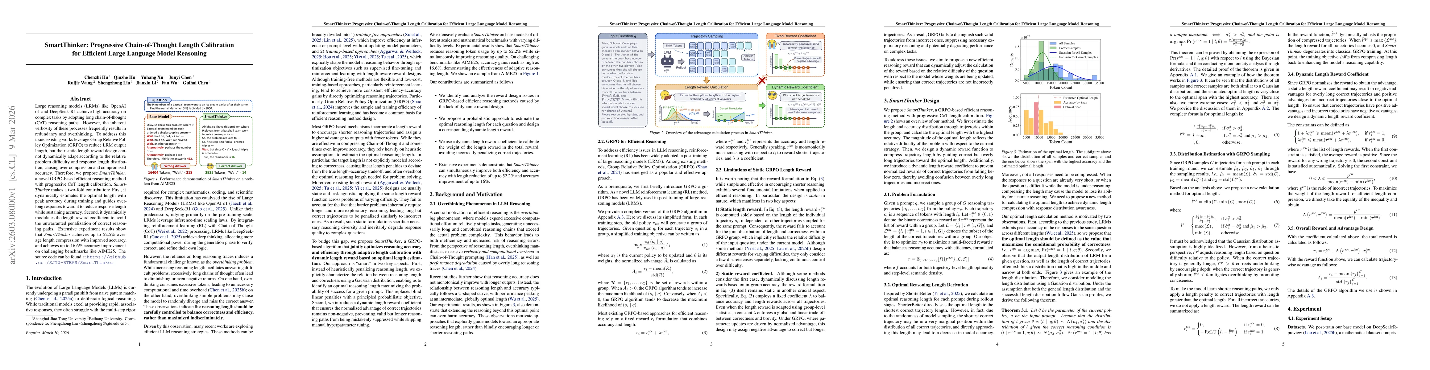 Thumbnail for SmartThinker: Progressive Chain-of-Thought Length Calibration for Efficient Large Language Model Reasoning