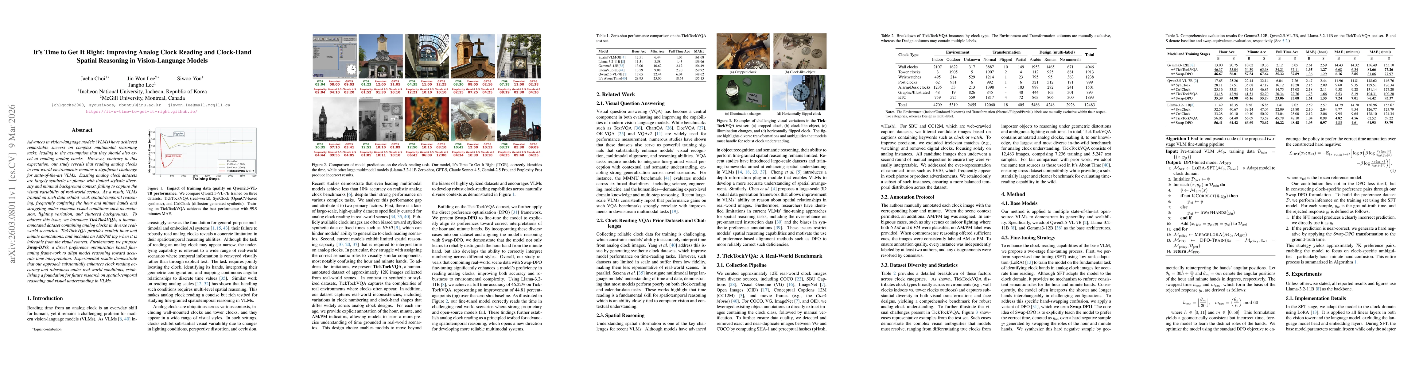 Thumbnail for It's Time to Get It Right: Improving Analog Clock Reading and Clock-Hand Spatial Reasoning in Vision-Language Models