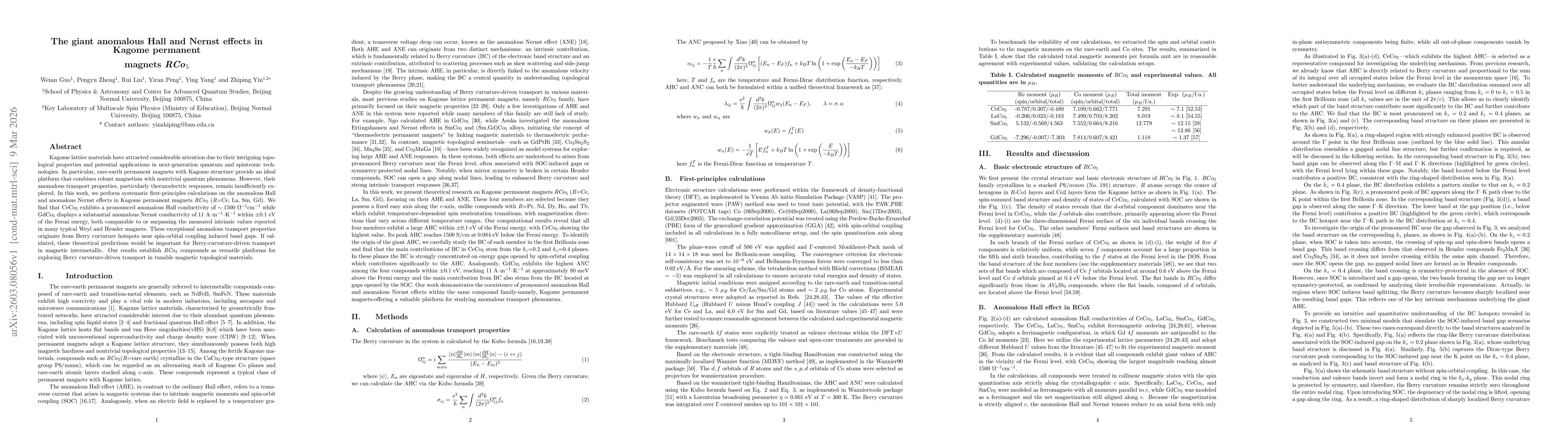 Thumbnail for The giant anomalous Hall and Nernst effects in Kagome permanent magnets RCo5