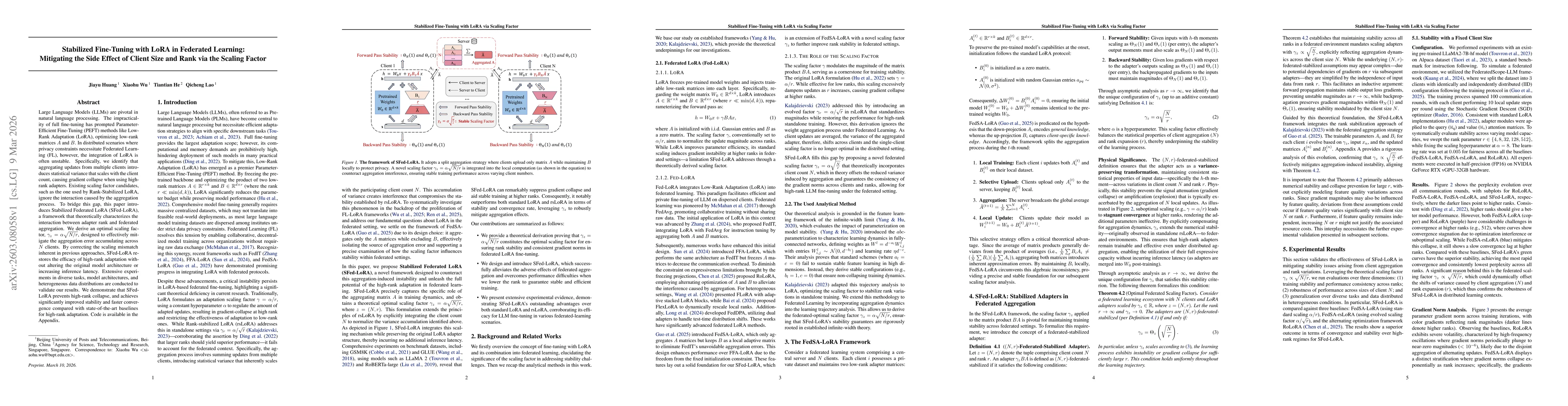 Thumbnail for Stabilized Fine-Tuning with LoRA in Federated Learning: Mitigating the Side Effect of Client Size and Rank via the Scaling Factor