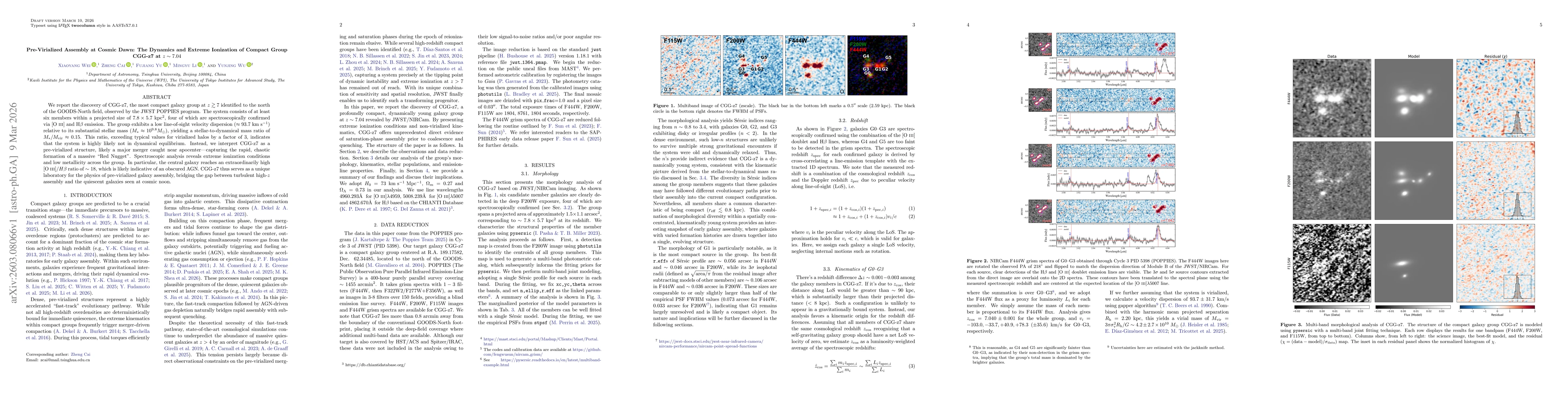 Thumbnail for Pre-Virialized Assembly at Cosmic Dawn: The Dynamics and Extreme Ionization of Compact Group CGG-z7 at $z\sim7.04$