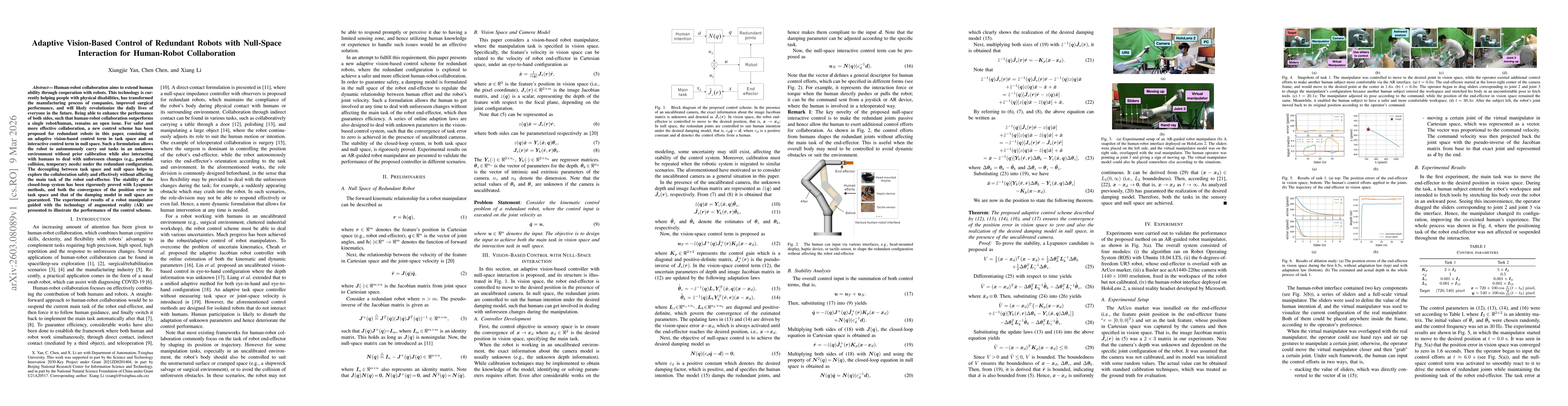 Thumbnail for Adaptive Vision-Based Control of Redundant Robots with Null-Space Interaction for Human-Robot Collaboration