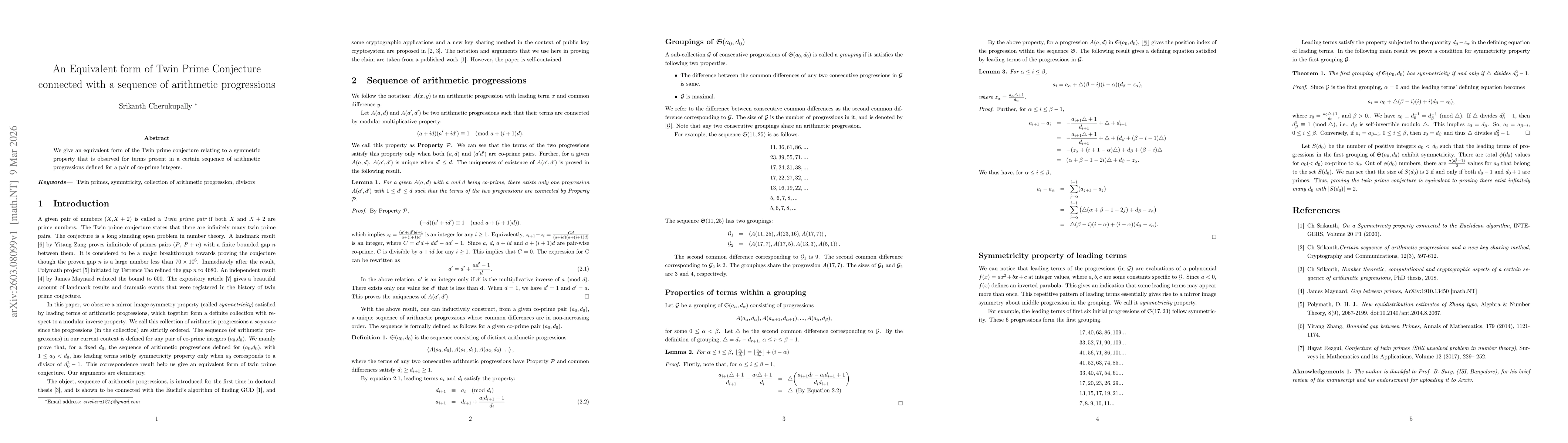 Thumbnail for An Equivalent form of Twin Prime Conjecture connected with a sequence of arithmetic progressions