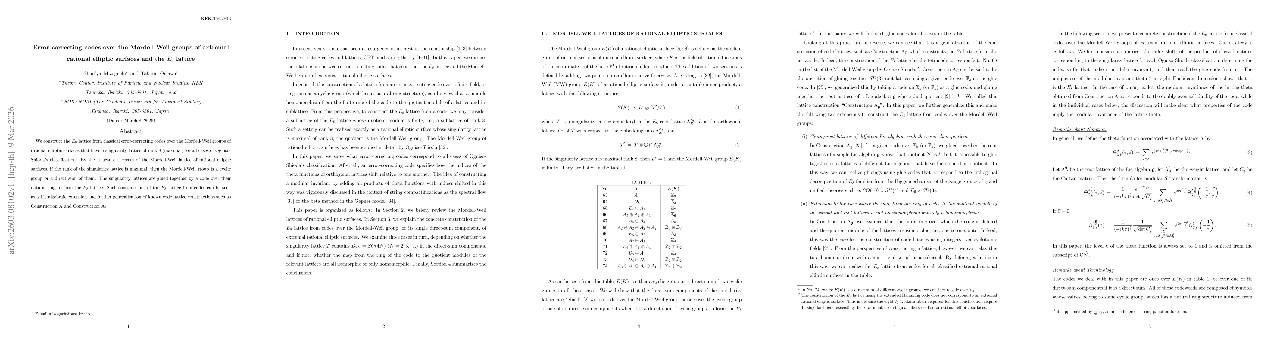 Thumbnail for Error-correcting codes over the Mordell-Weil groups of extremal rational elliptic surfaces and the $E_8$ lattice