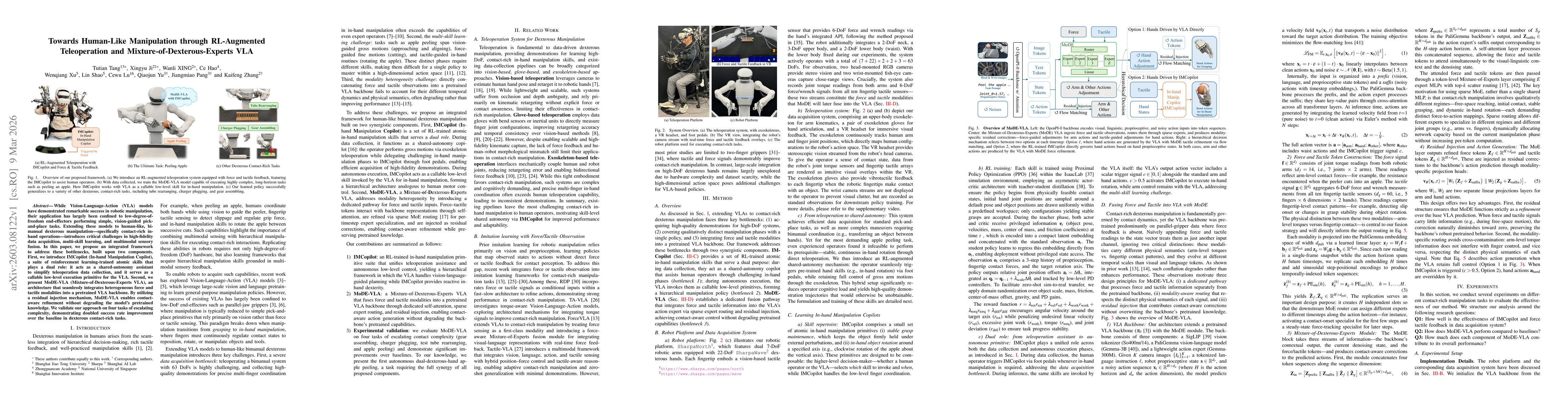 Thumbnail for Towards Human-Like Manipulation through RL-Augmented Teleoperation and Mixture-of-Dexterous-Experts VLA
