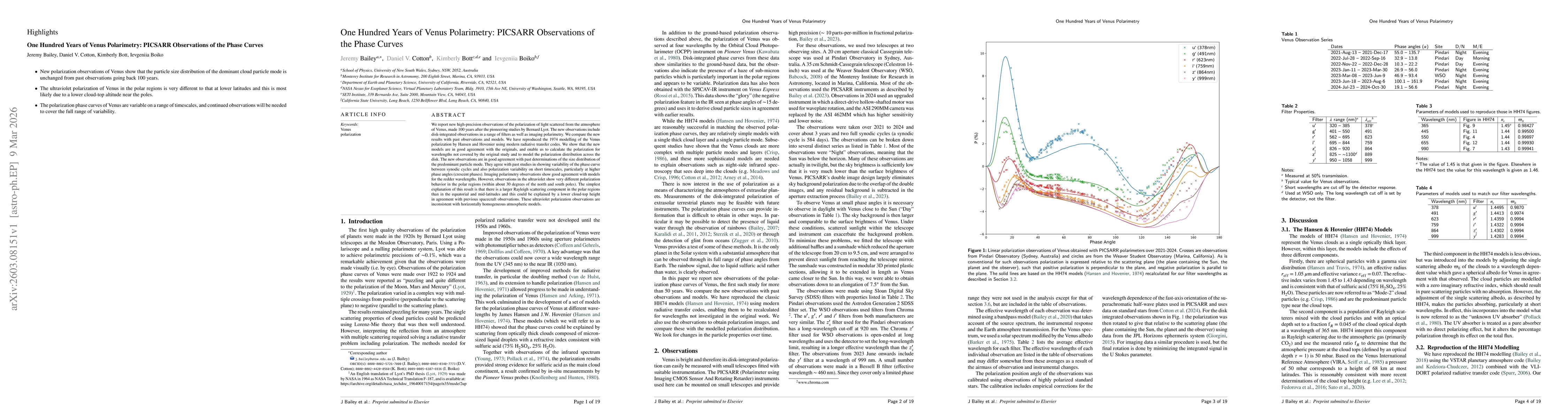 Thumbnail for One Hundred Years of Venus Polarimetry: PICSARR Observations of the Phase Curves