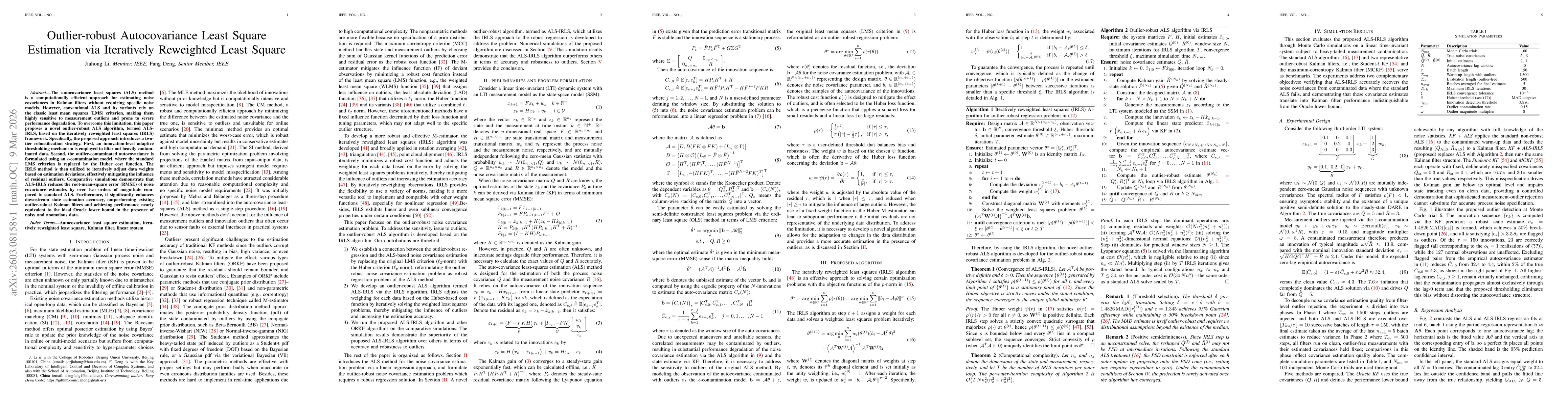 Thumbnail for Outlier-robust Autocovariance Least Square Estimation via Iteratively Reweighted Least Square